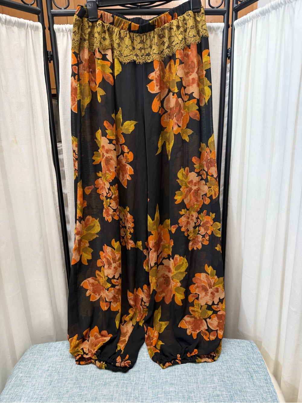 Free People Black Wide-Leg Pants with Orange and Yellow Floral Print